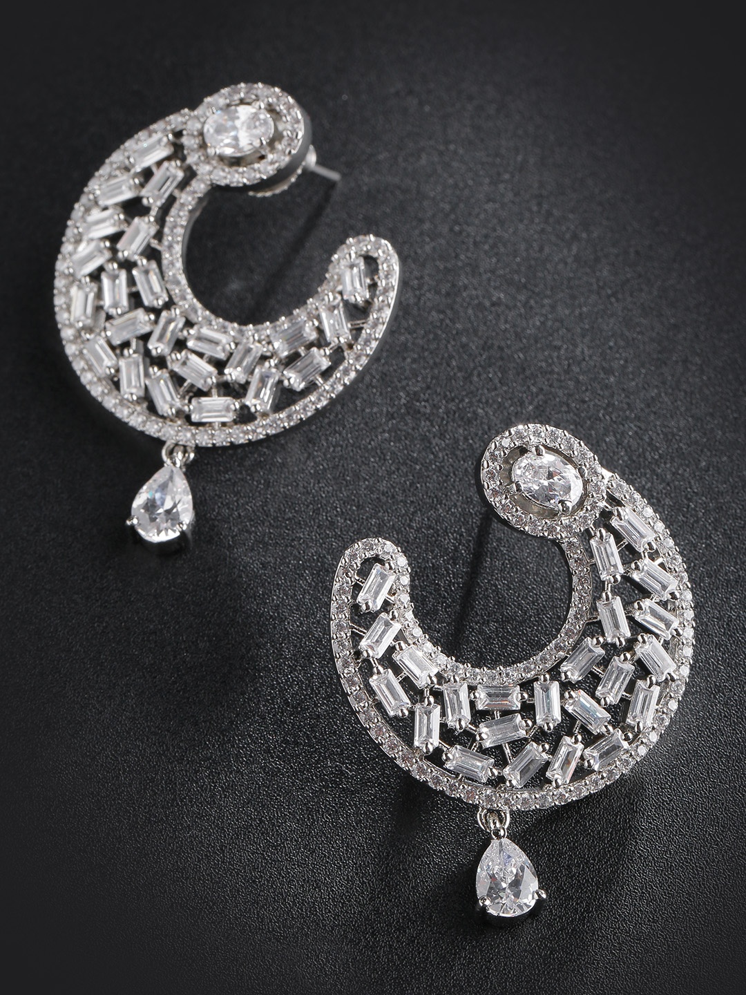 

Priyaasi Silver-Toned Rhodium-Plated AD & CZ Studded Crescent Shaped Drop Earrings