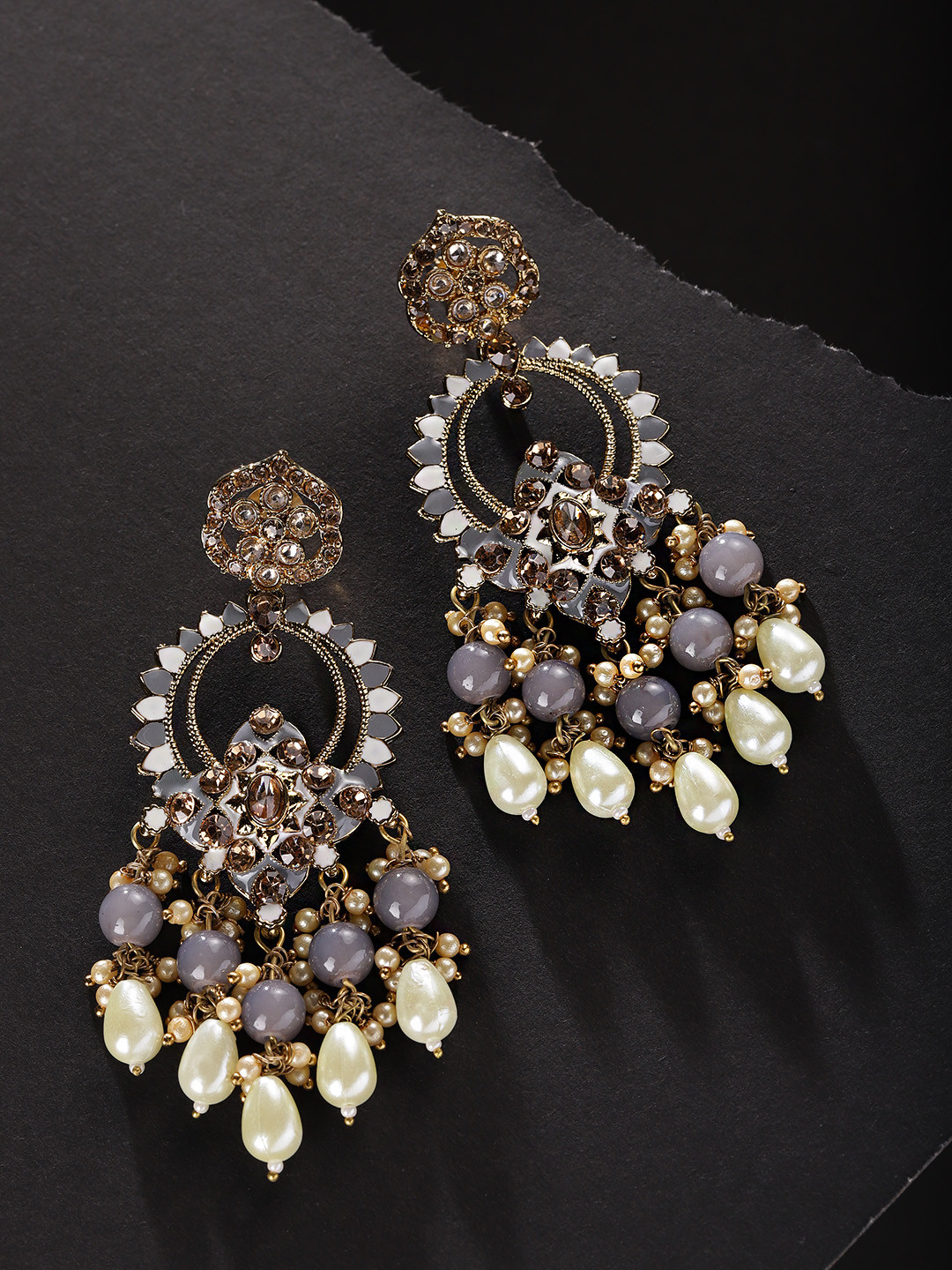 

Priyaasi Grey & Off-White Gold-Plated Stone Studded Beaded Classic Drop Earrings