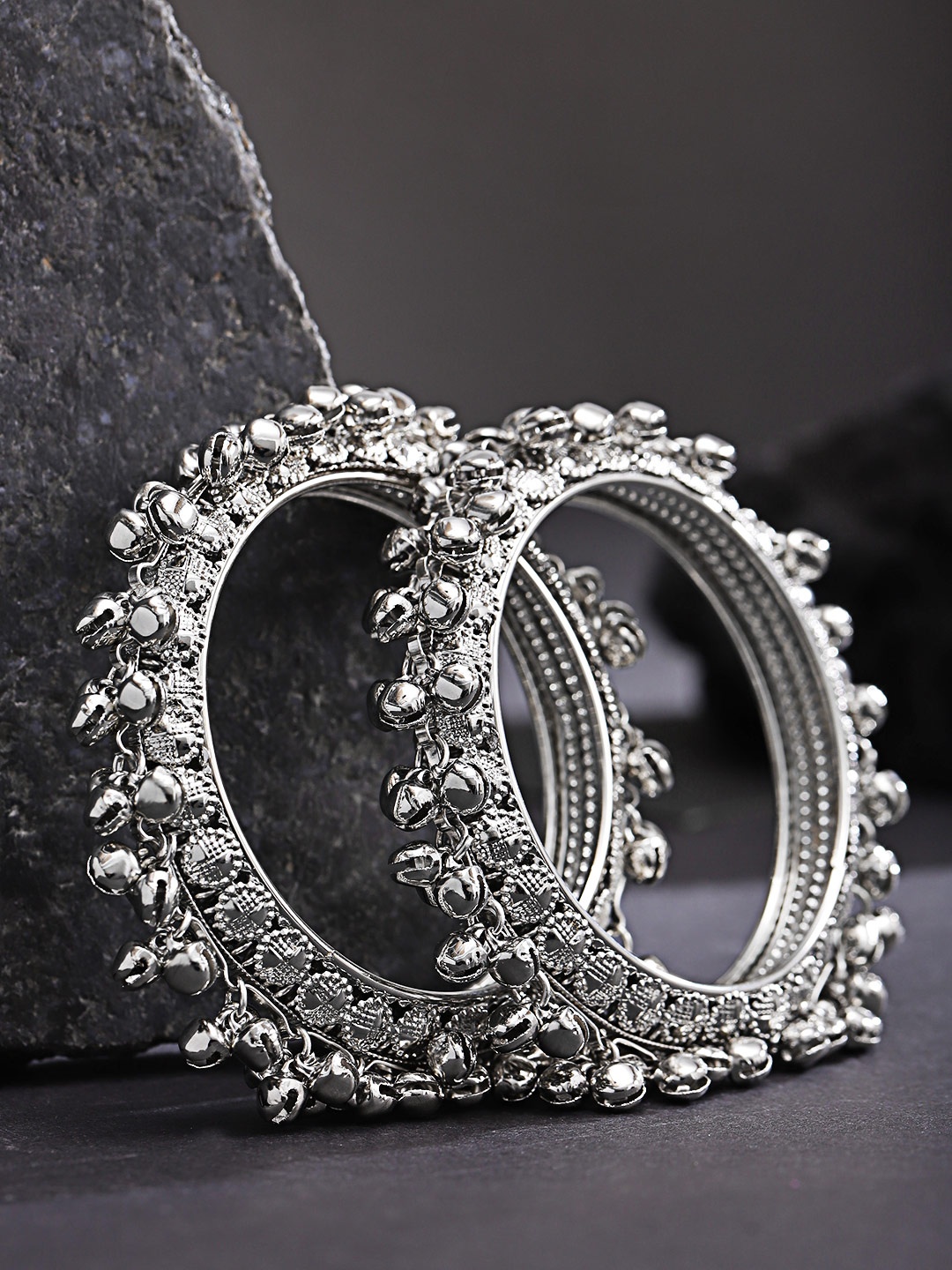 

Priyaasi Set Of 2 Silver-Plated Handcrafted Textured Gunghroo Bangles