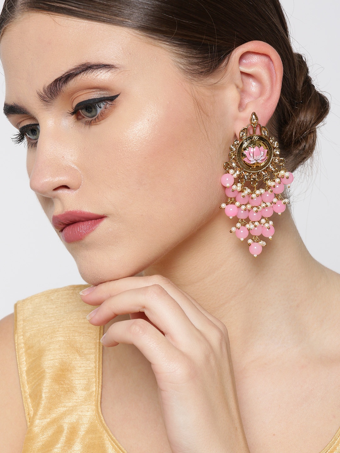 

Priyaasi Pink Gold-Plated Kundan Studded Beaded Floral Drop Earrings