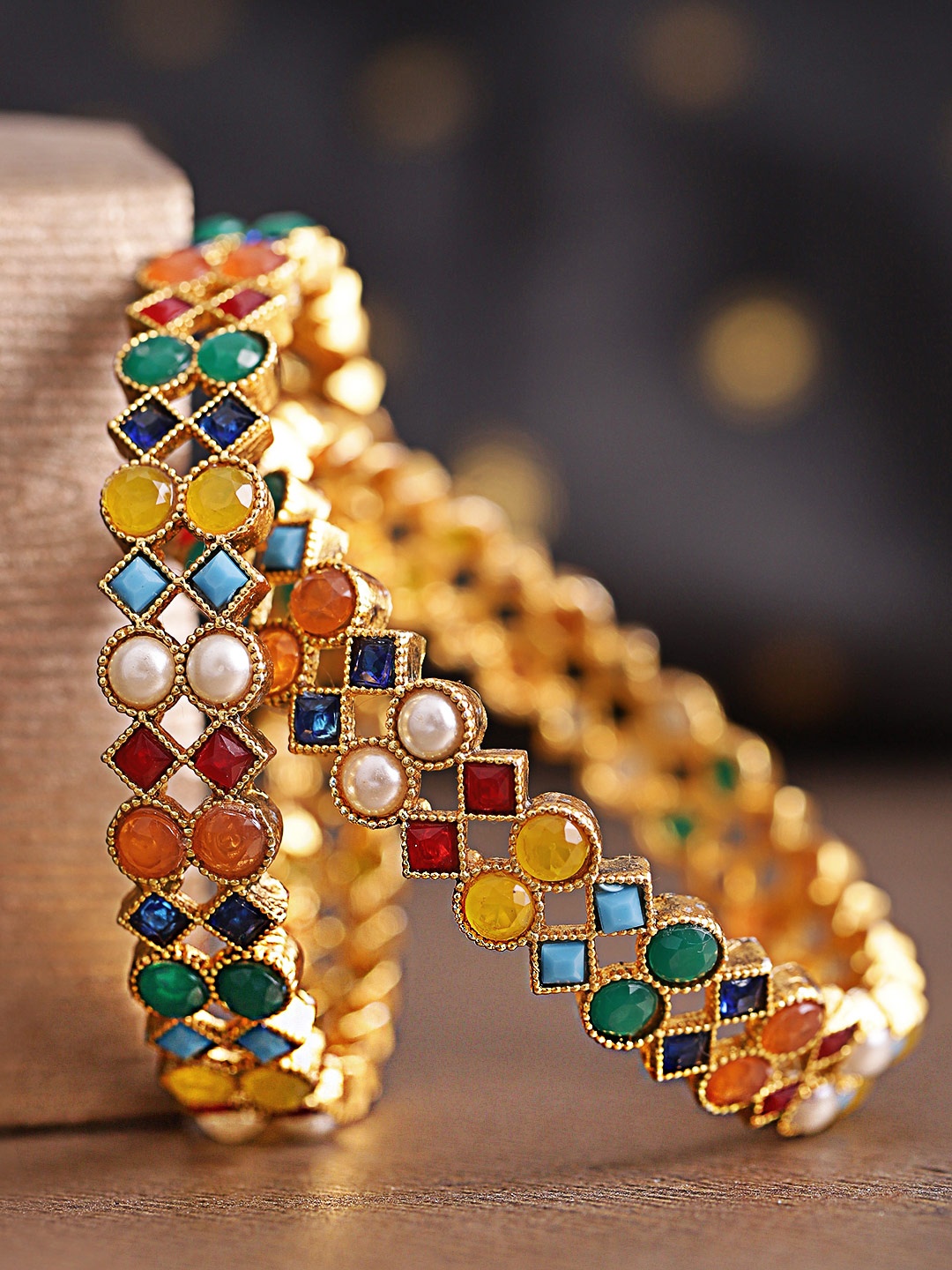 

Priyaasi Set of 2 Multicoloured Gold-Plated Stone Studded & Beaded Handcrafted Bangles, Multi