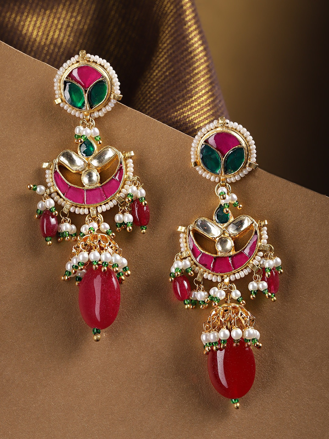 

Priyaasi Maroon Gold-Plated Kundan Studded Beaded Crescent Shaped Drop Earrings