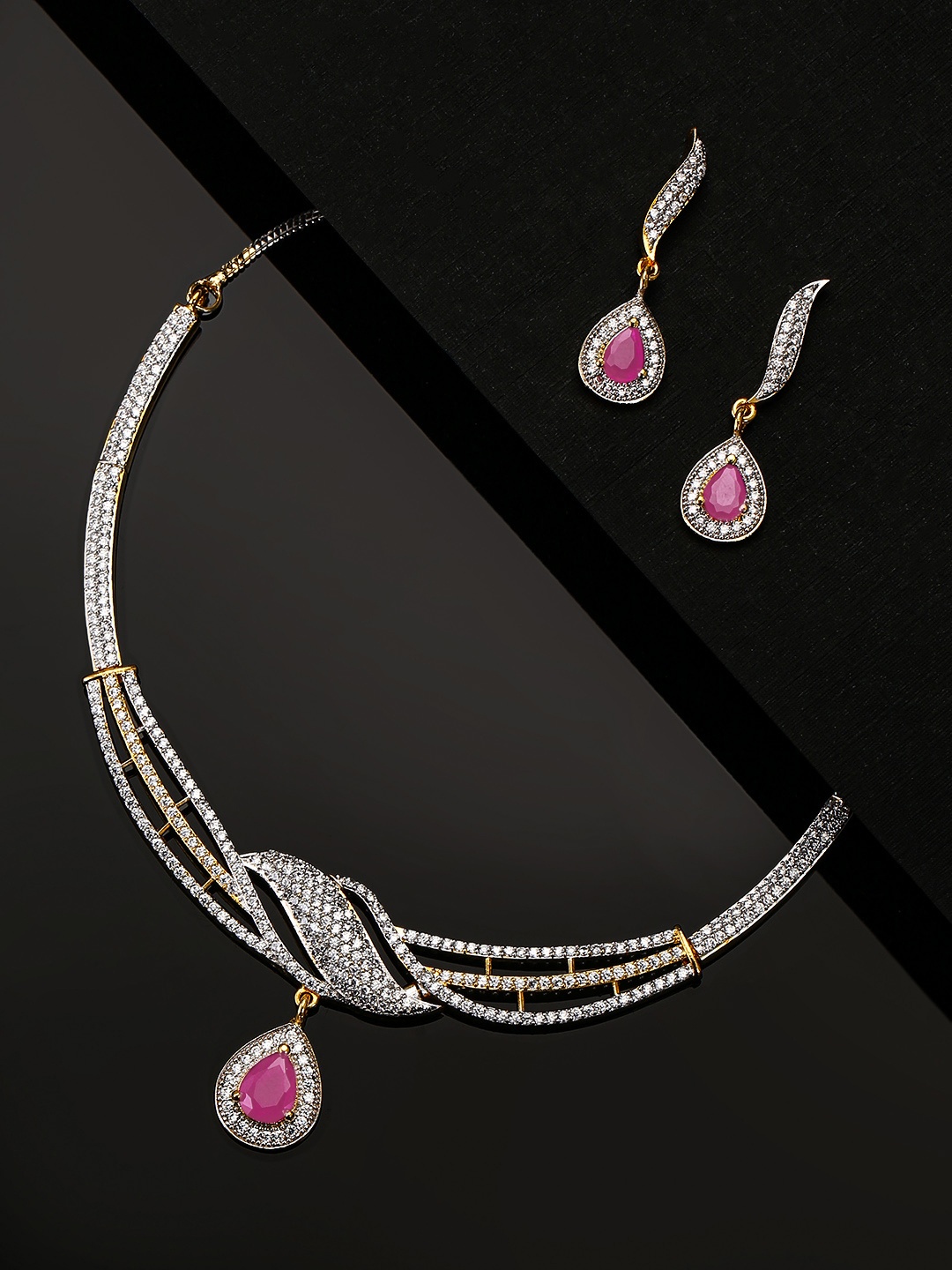 

Priyaasi Pink Gold-Plated AD-Studded Handcrafted Jewellery Set