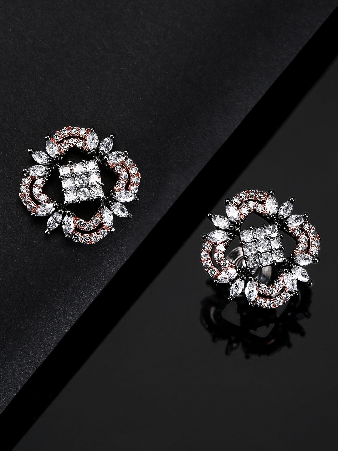 

Priyaasi Gunmetal-Toned Silver-Plated Handcrafted Stone-Studded Geometric Studs, Metallic