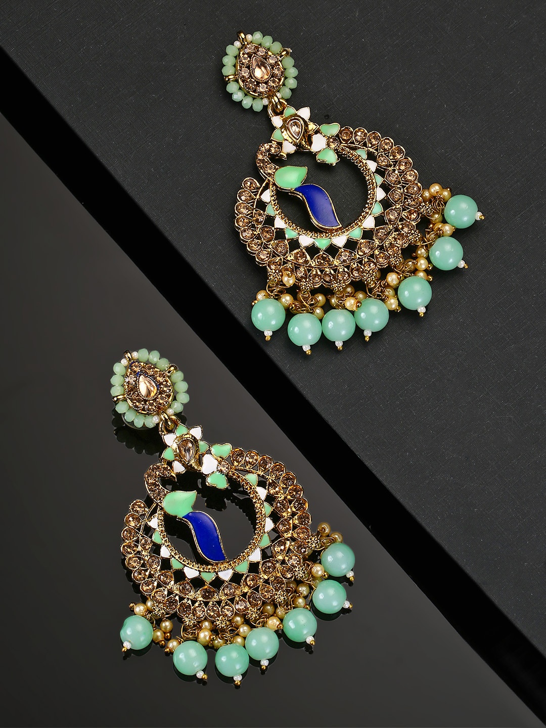 

Priyaasi Sea Green Gold-Plated Stone-Studded Crescent-Shaped Chandbalis