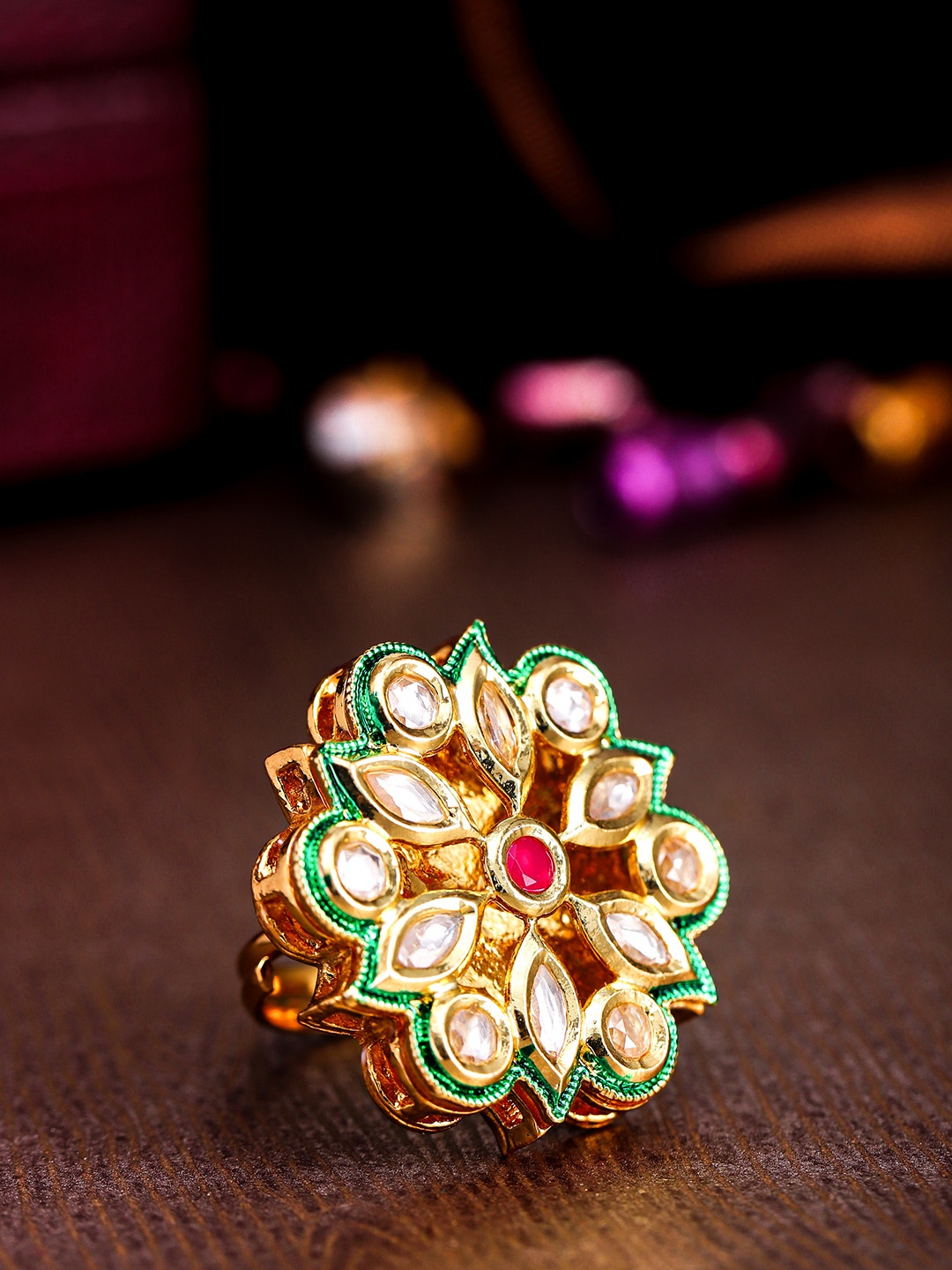 

Priyaasi Red & Green Gold-Plated Kundan-Studded Handcrafted Adjustable Finger Ring