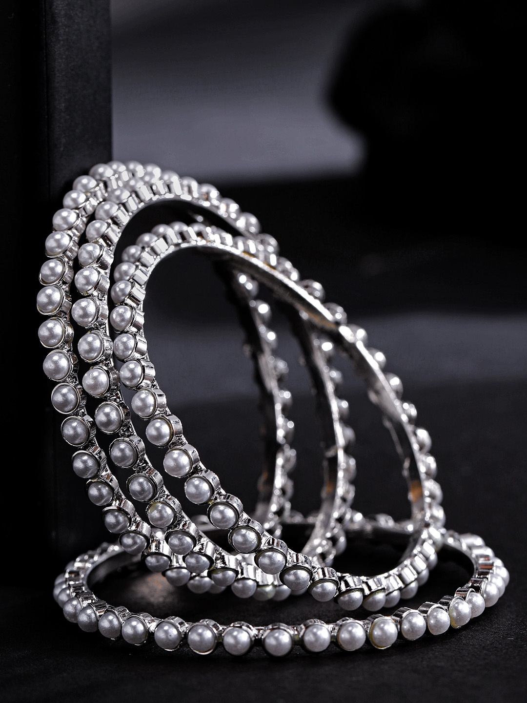 

Priyaasi Set Of 4 Off-White Silver-Plated Beaded Handcrafted Bangles