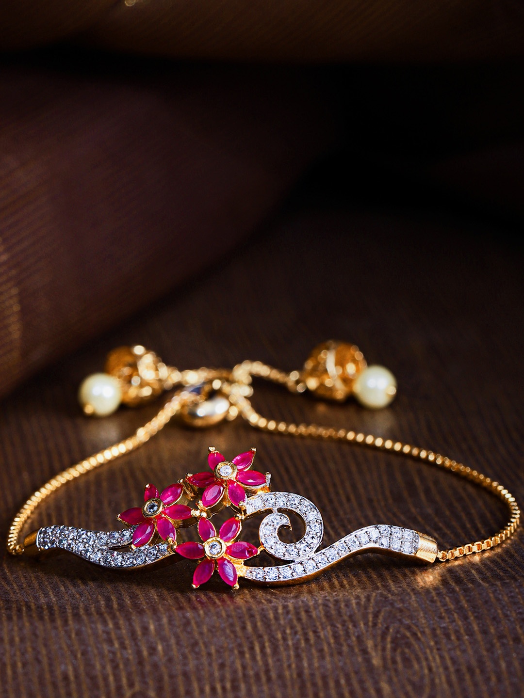 

Priyaasi Magenta Gold-Plated CZ Stone-Studded Handcrafted Chain Bracelet