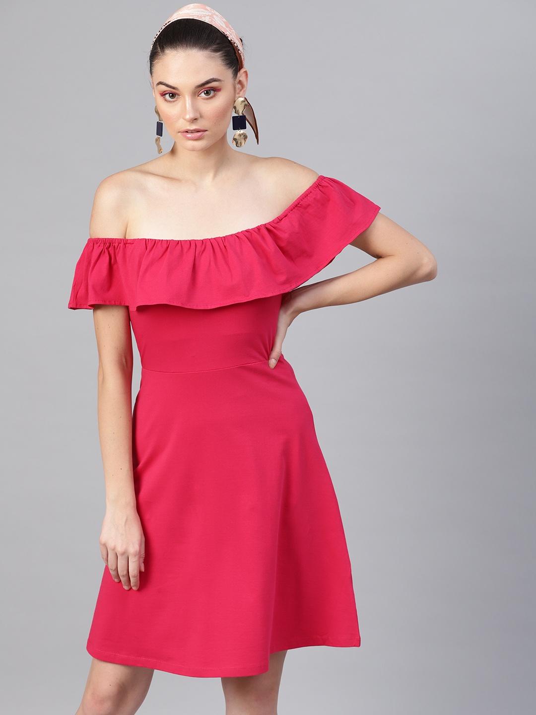 

SASSAFRAS Women Pink Solid Off Shoulder A-Line Dress