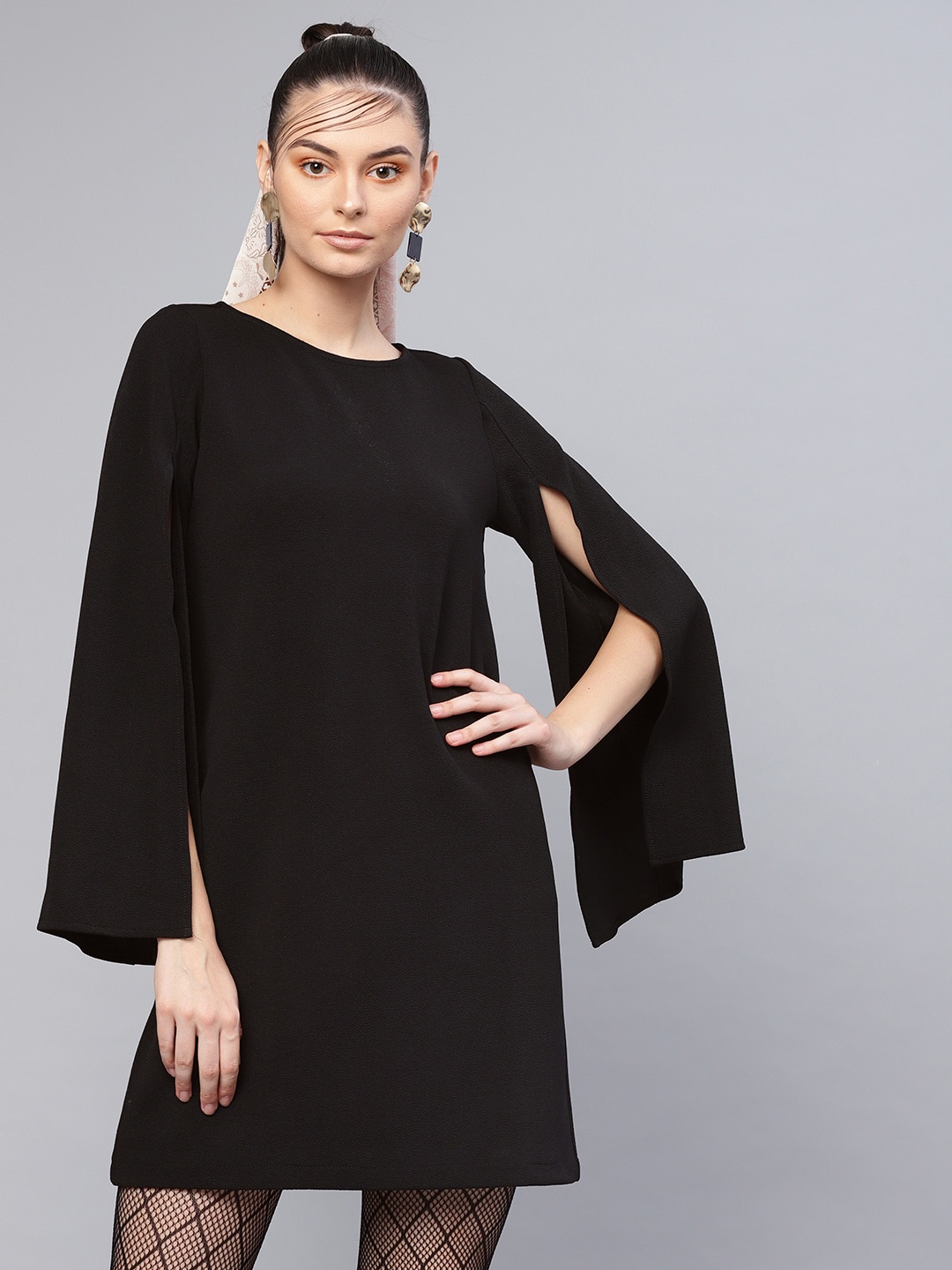 

SASSAFRAS Women Black Solid Cape Sleeves Shift Dress