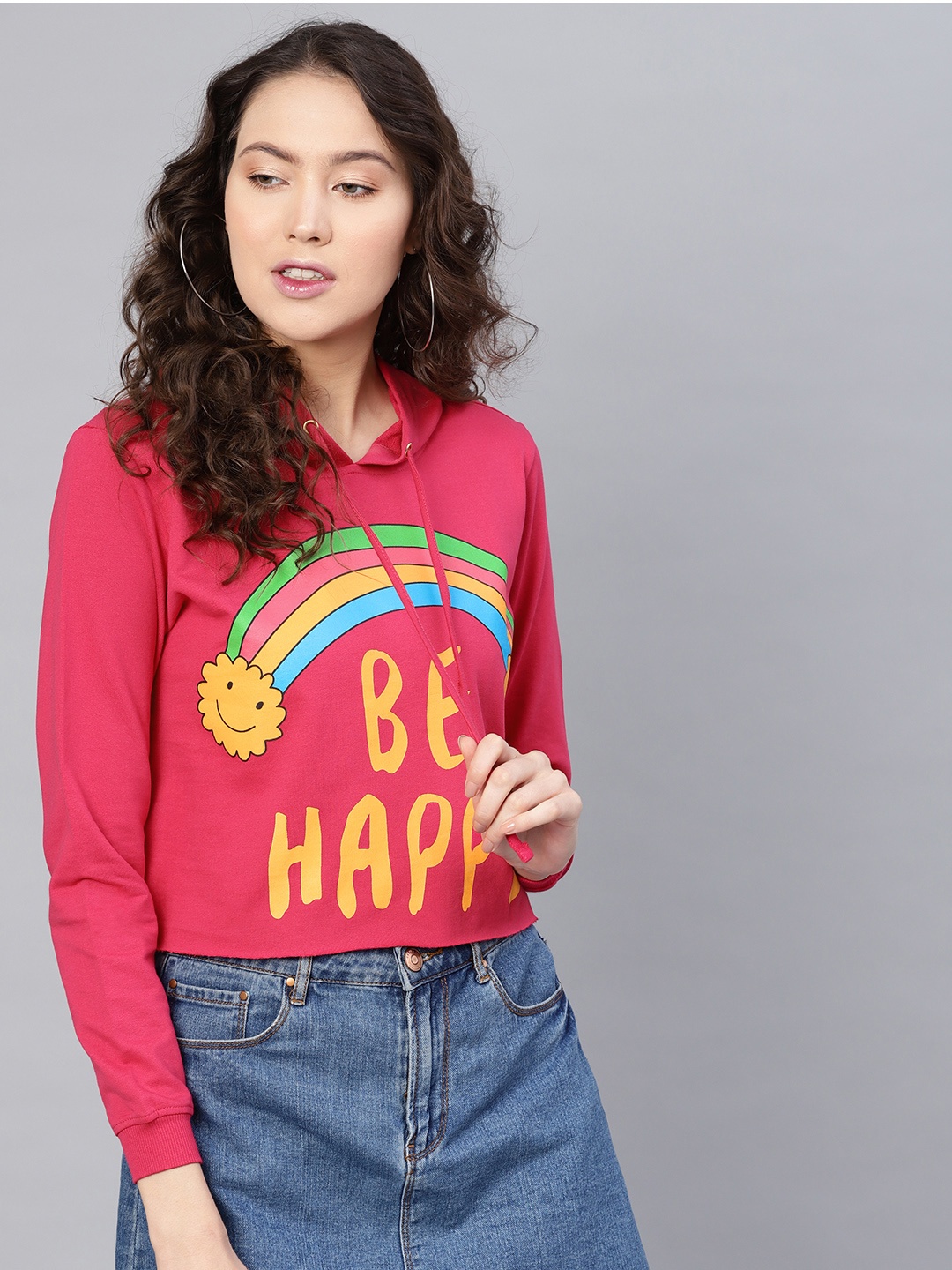 

SASSAFRAS Women Fuchsia & Yellow Printed Hooded Crop Sweatshirt