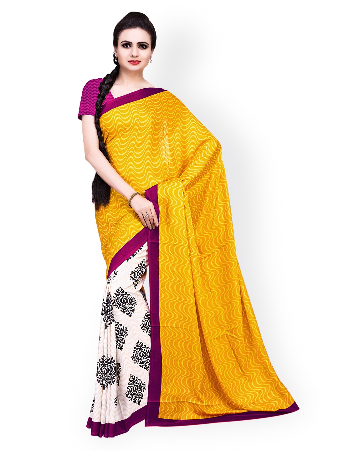 

Ishin Yellow & Off-White American Crepe Printed Saree