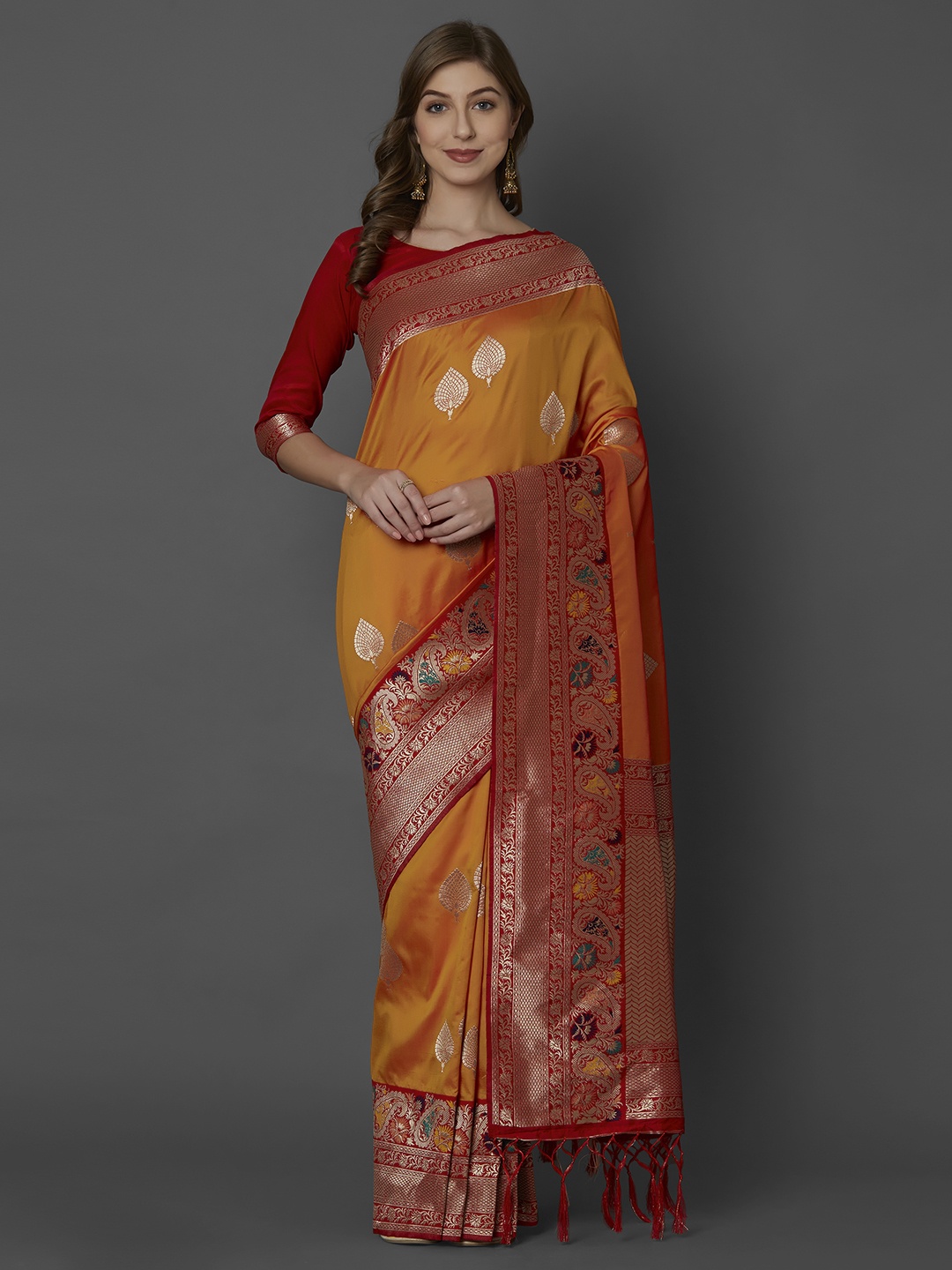 

Mitera Orange Silk Blend Woven Design Kanjeevaram Saree
