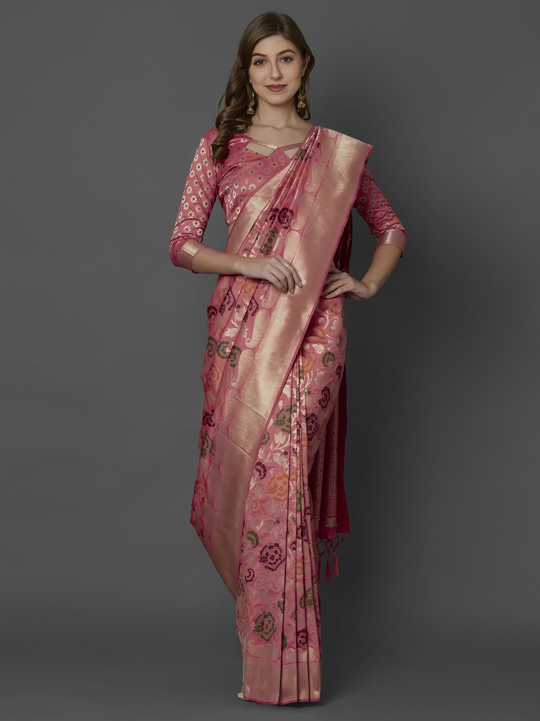 

Mitera Pink Silk Blend Woven Design Kanjeevaram Saree