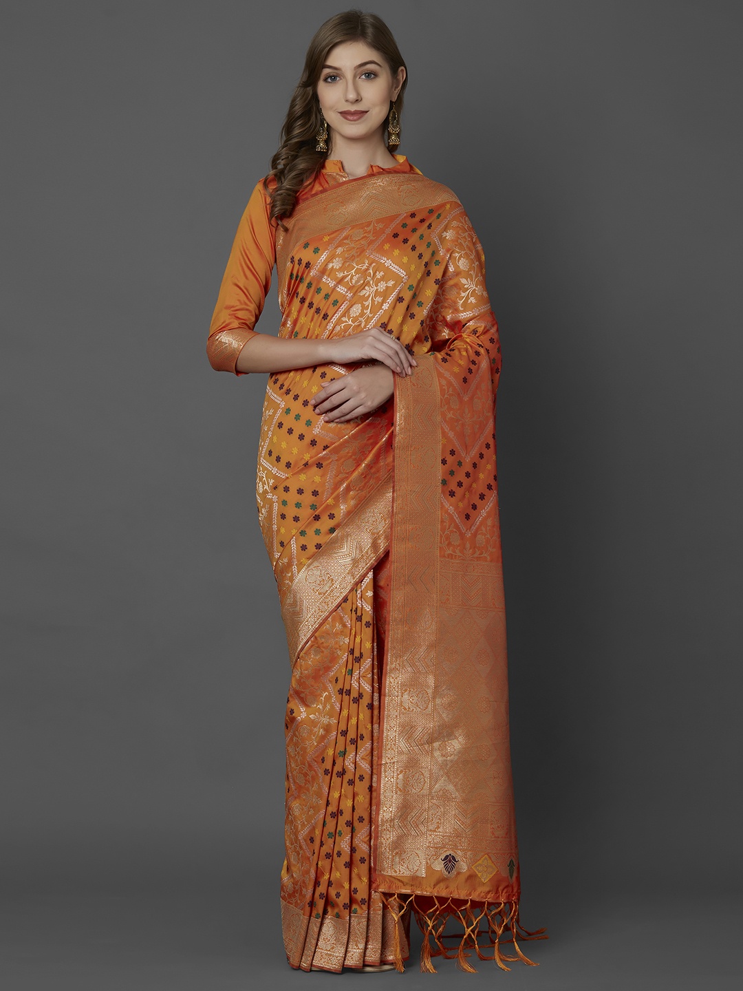 

Mitera Orange Silk Blend Woven Design Kanjeevaram Saree