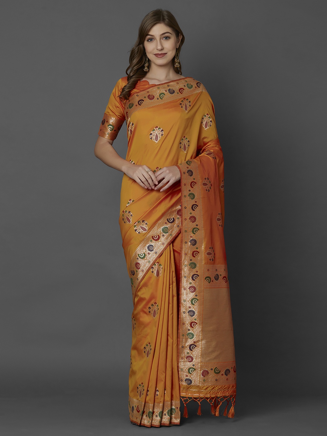

Mitera Orange Silk Blend Woven Design Kanjeevaram Saree