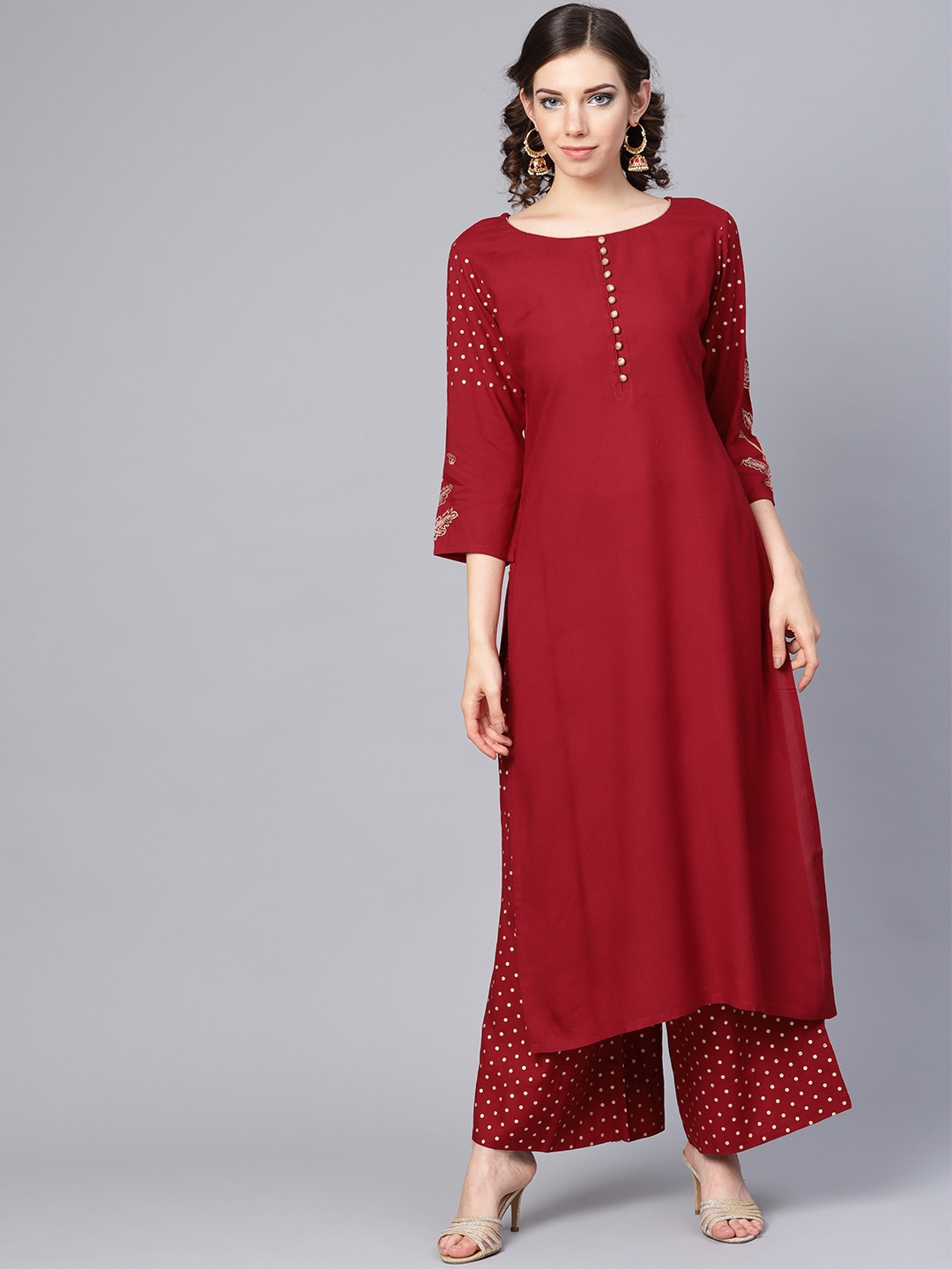 

Varanga Women Maroon & Golden Solid Kurta with Printed Palazzos
