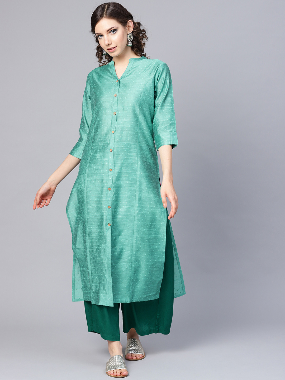 

Varanga Women Green Dobby Weave Woven Design Straight Kurta
