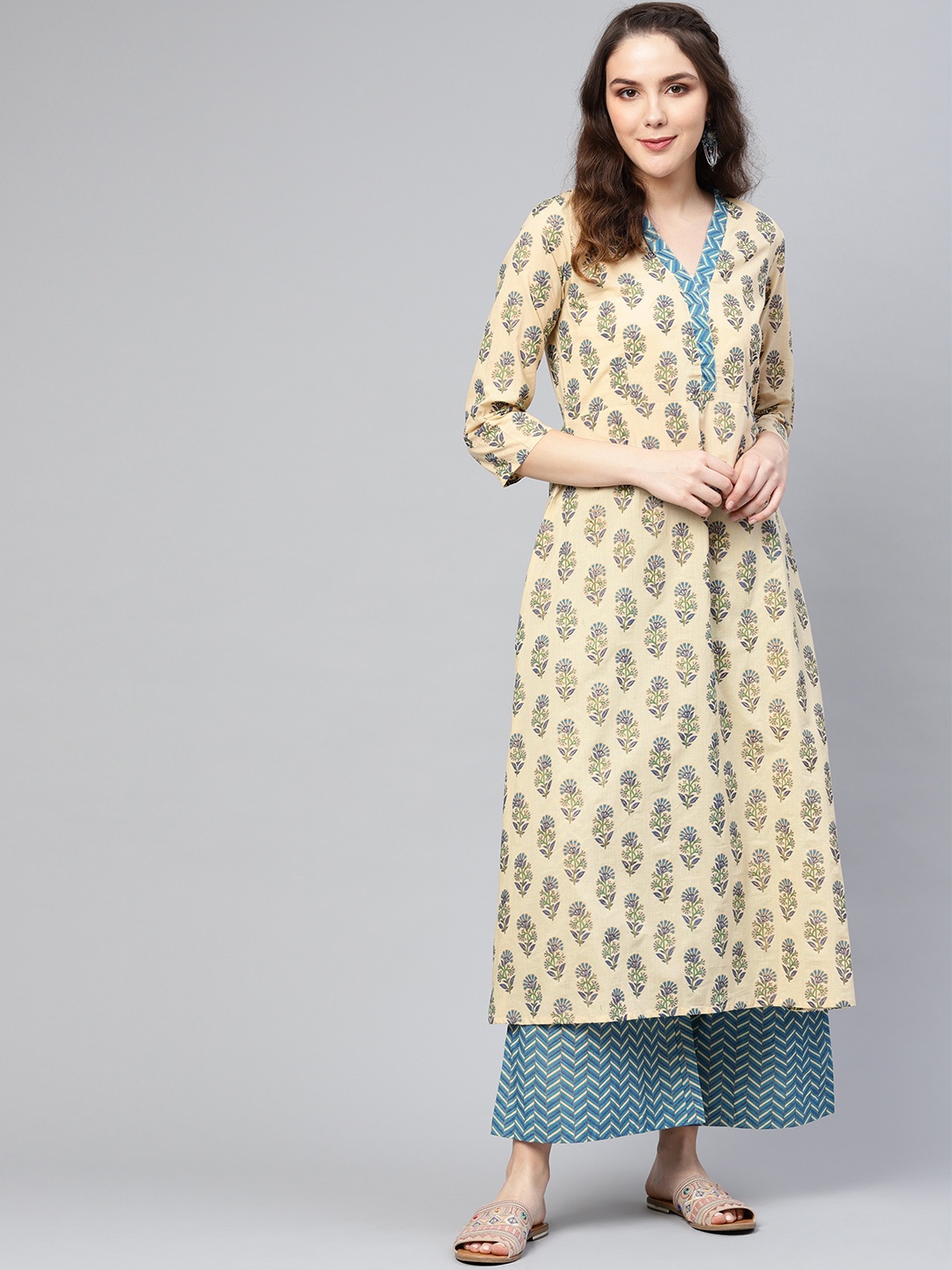 

Varanga Women Beige & Blue Printed Kurta with Palazzos
