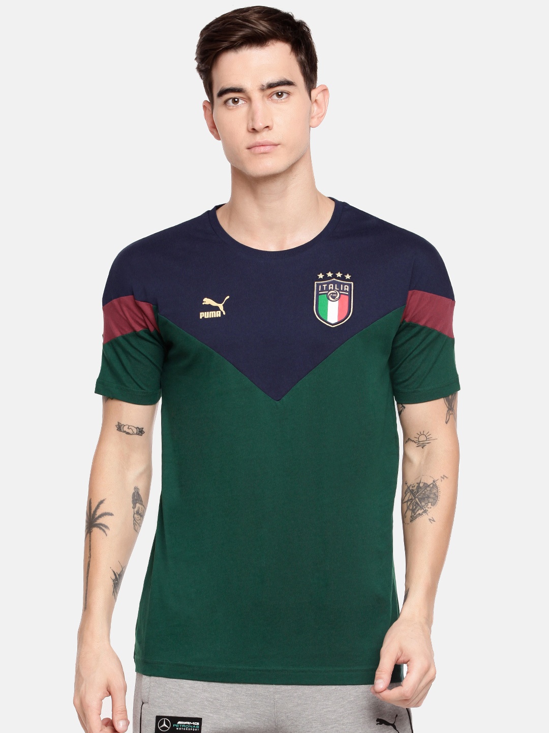 

Puma Men Navy Blue Olive Green Colourblocked FIGC Iconic MCS Pure Cotton T-shirt