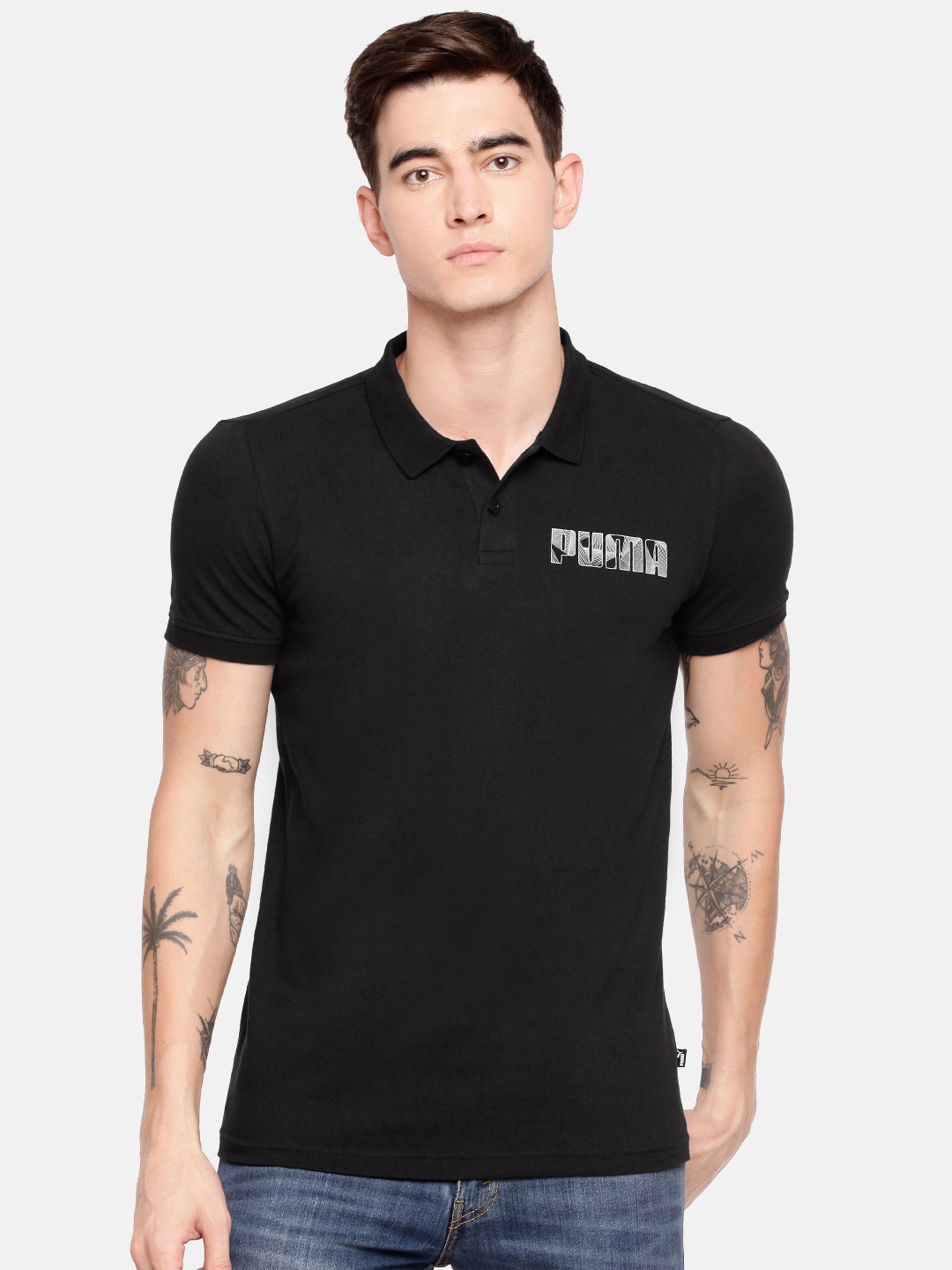 

Puma Men Black Printed Graphic Slim Fit Polo II Collar T-shirt