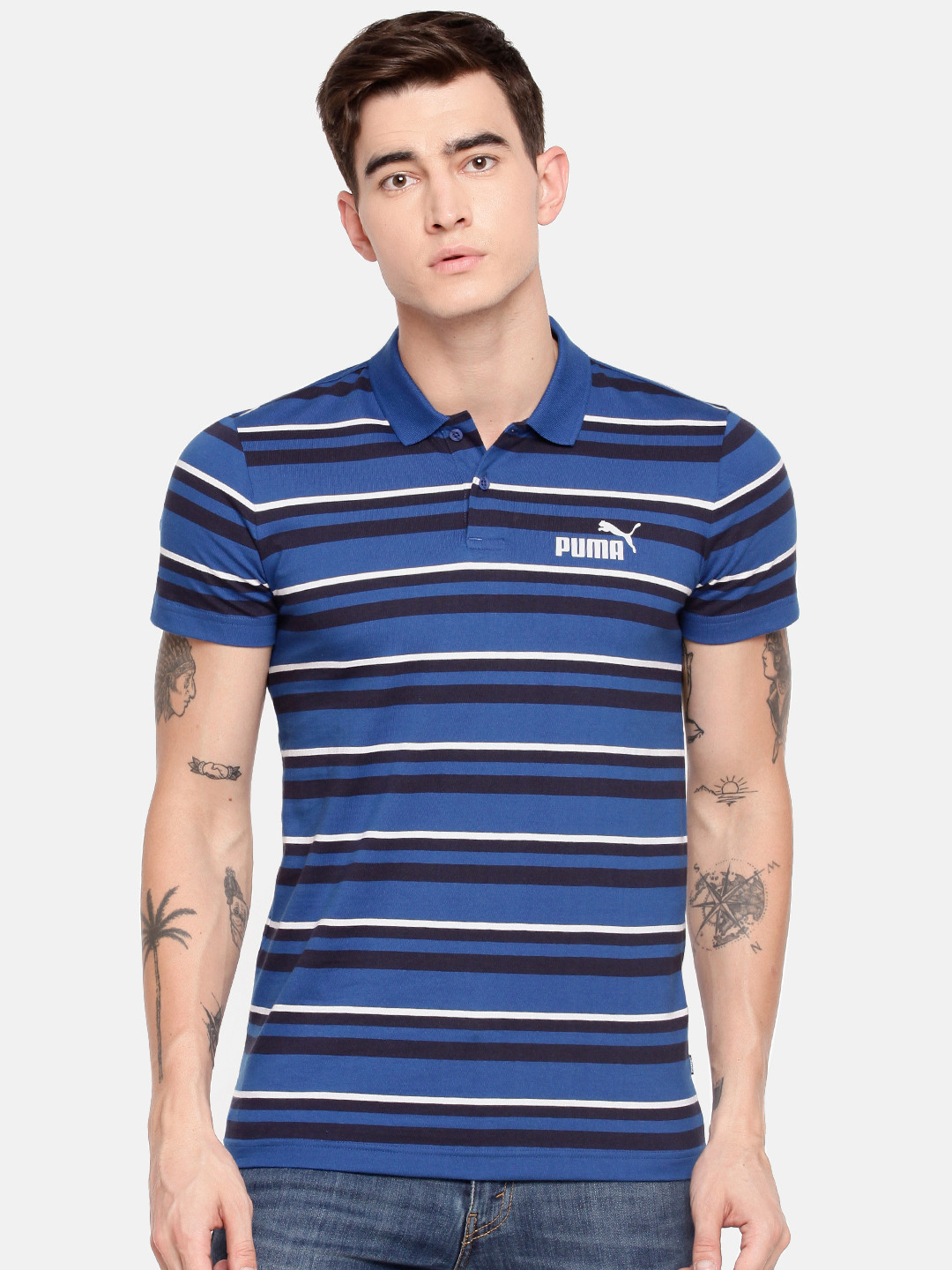 

Puma Men Blue White Slim Fit Striped ESS+ Stripe Polo Collar Pure Cotton T-shirt