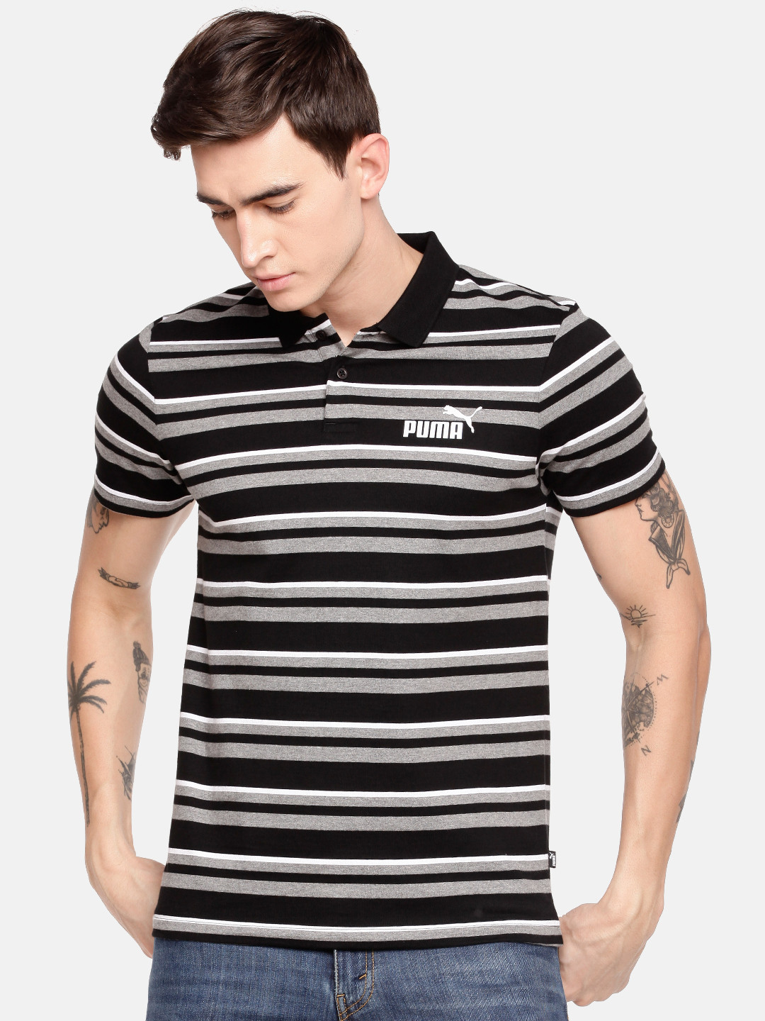

Puma Men Black Charcoal Grey Slim Fit Stripe ESS+ Striped Polo Collar Pure Cotton T-shirt