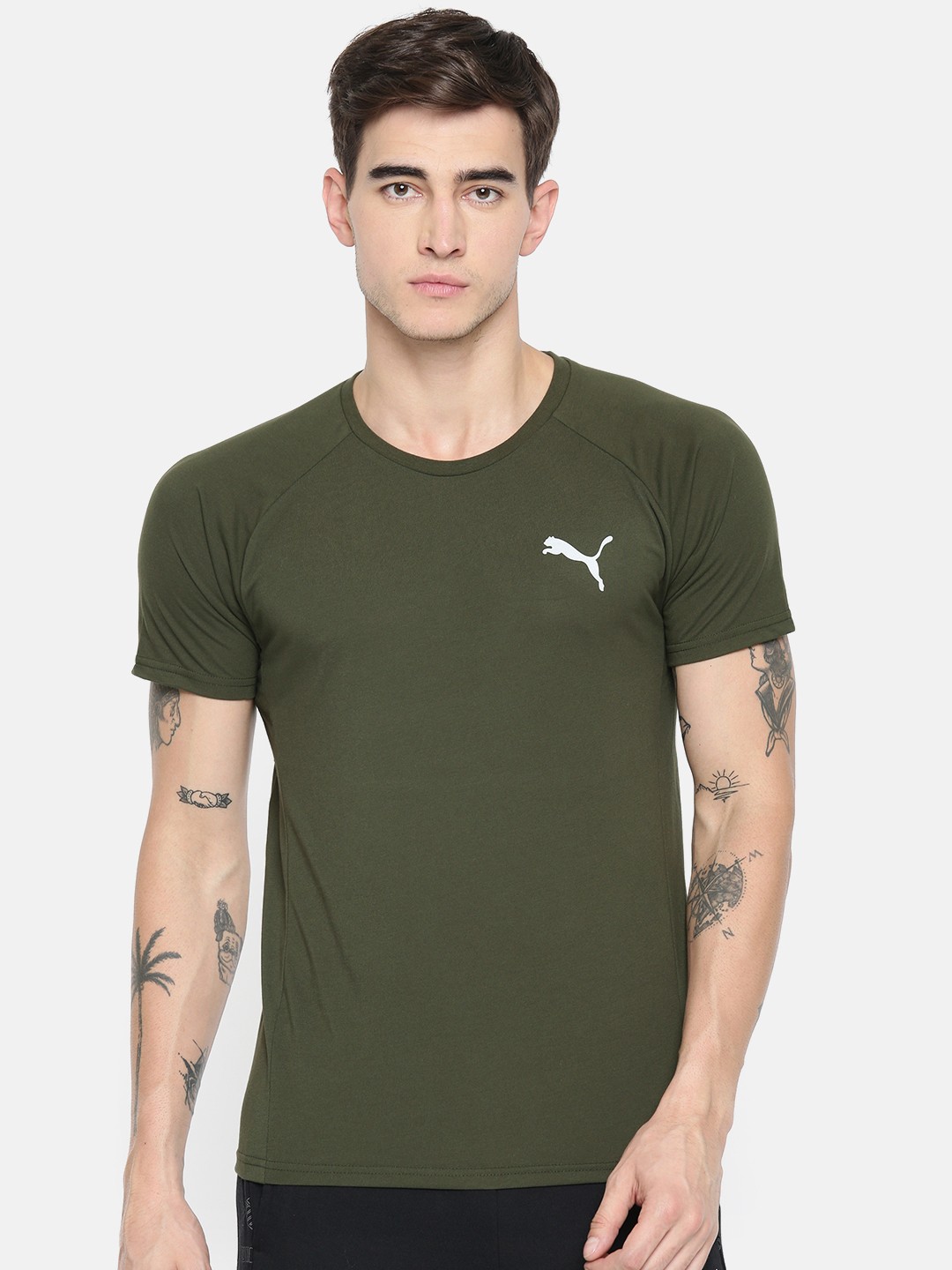

Puma Men Olive Green Solid Slim Fit Evostripe DRYCELL Round Neck T-shirt