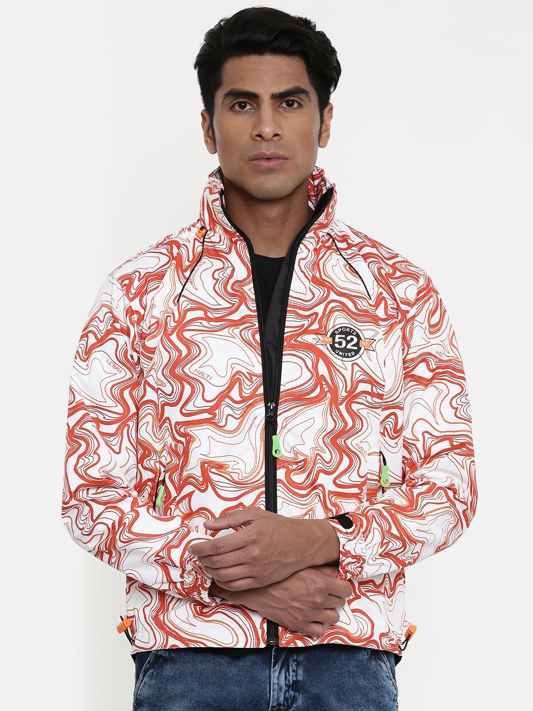 

Sports52 wear Men White & Orange Abstract Printed Rain Hooded Jacket 8905097564737