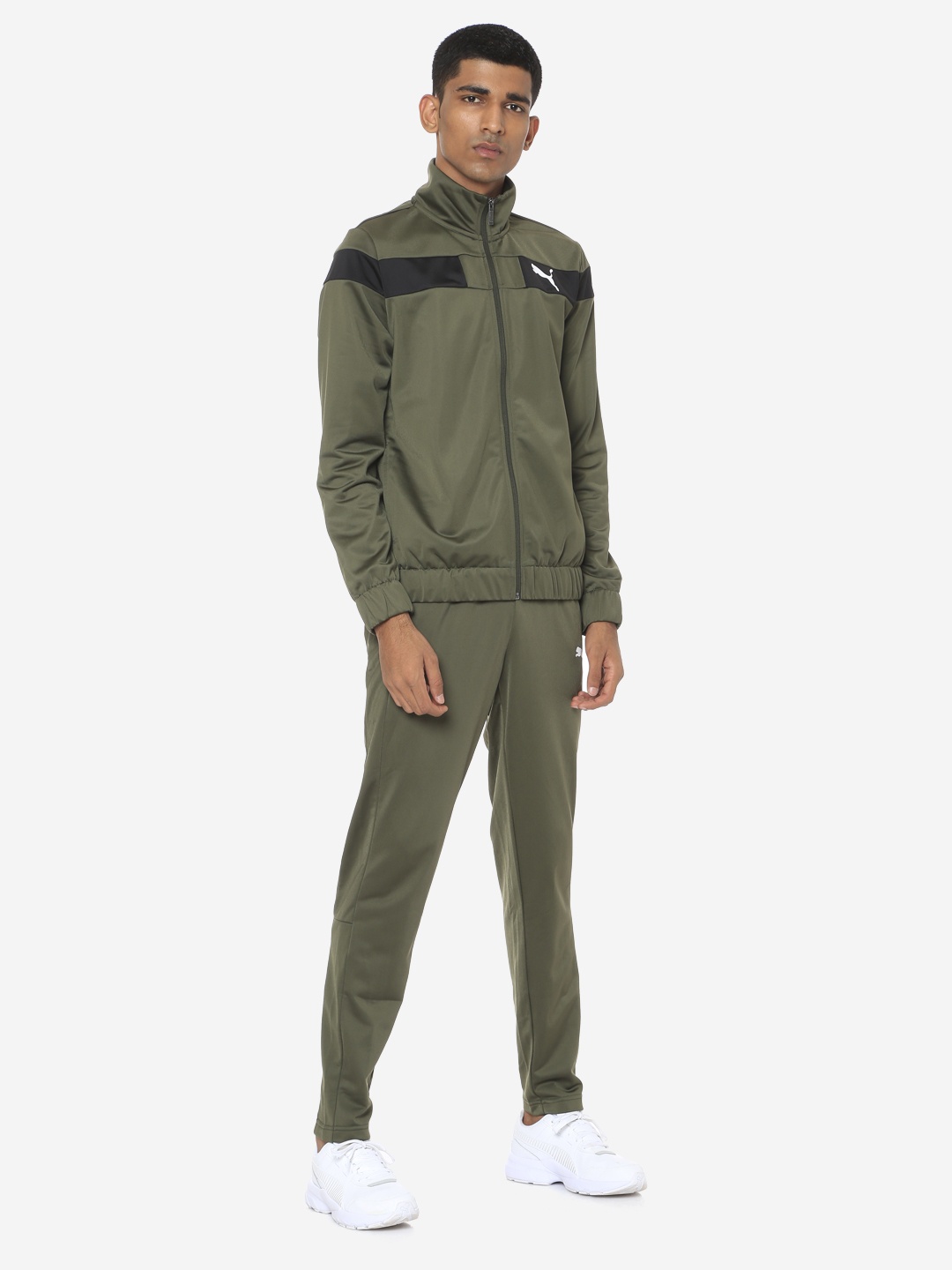 

Puma Men Olive Green Techstripe Tricot Solid Tracksuit