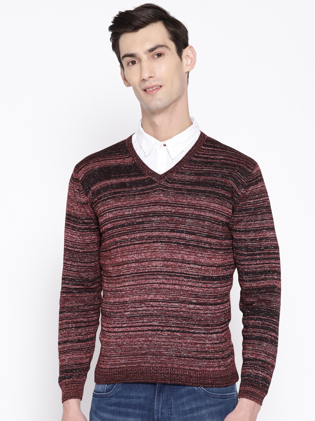 

Blackberrys Men Burgundy & Black Self Striped Sweater