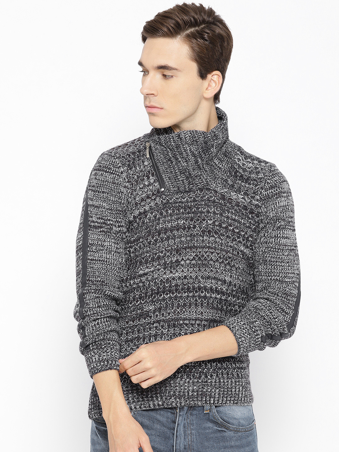 

Blackberrys Men Charcoal Grey & Off-White Self-Design Sweater