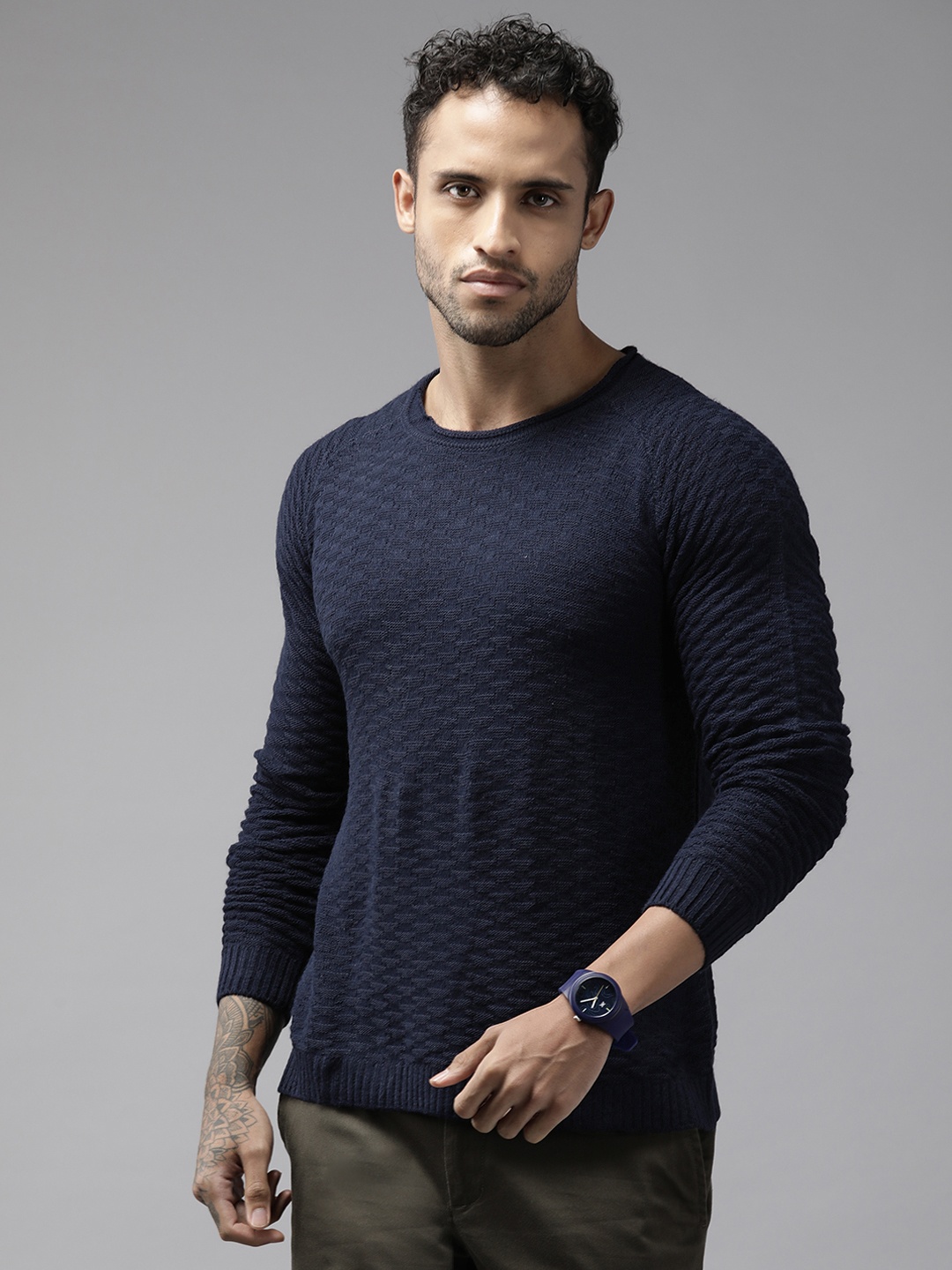 

Blackberrys Geometric Self Design Acrylic Pullover, Navy blue