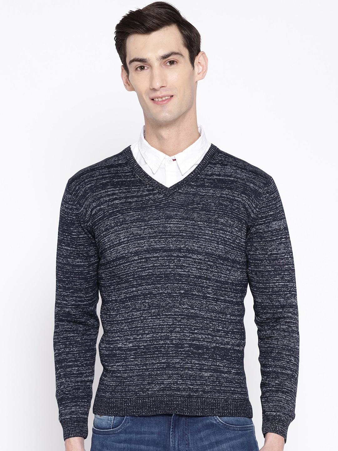 

Blackberrys Men Navy Blue & Grey Self-Design Sweater