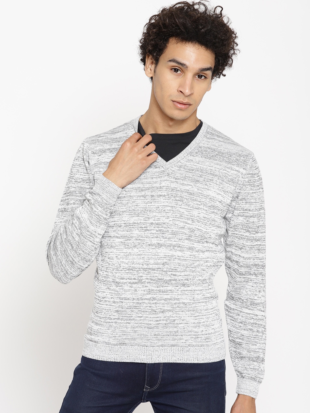 

Blackberrys Men Grey Melange Self-Design Sweater