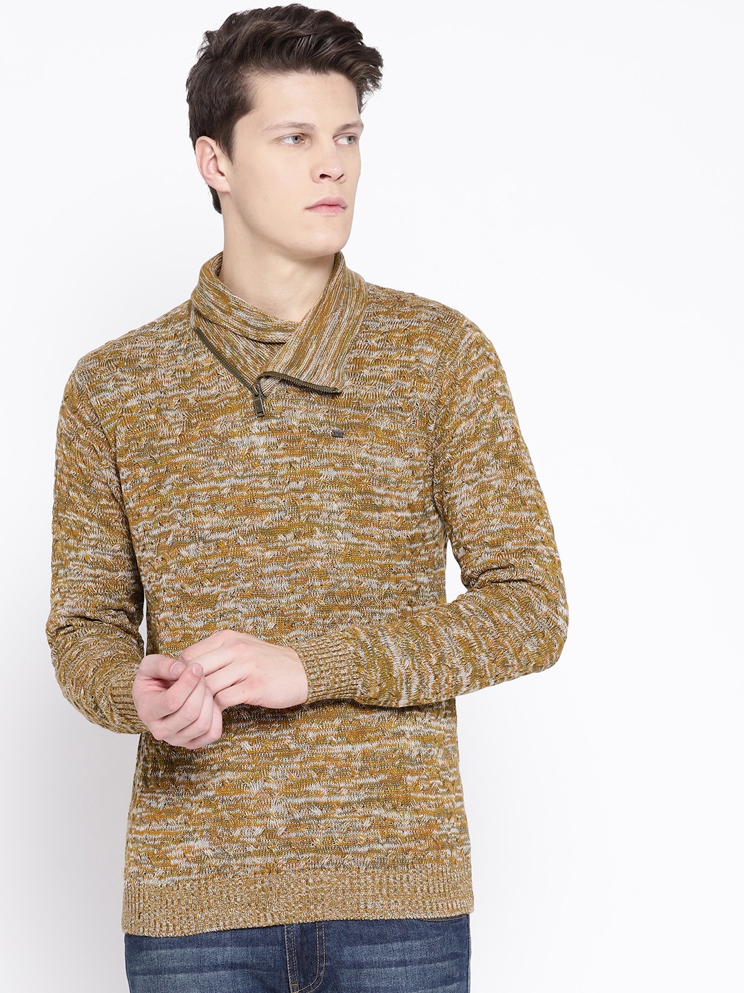 

Blackberrys Men Olive Green & Mustard Brown Self Design Sweater