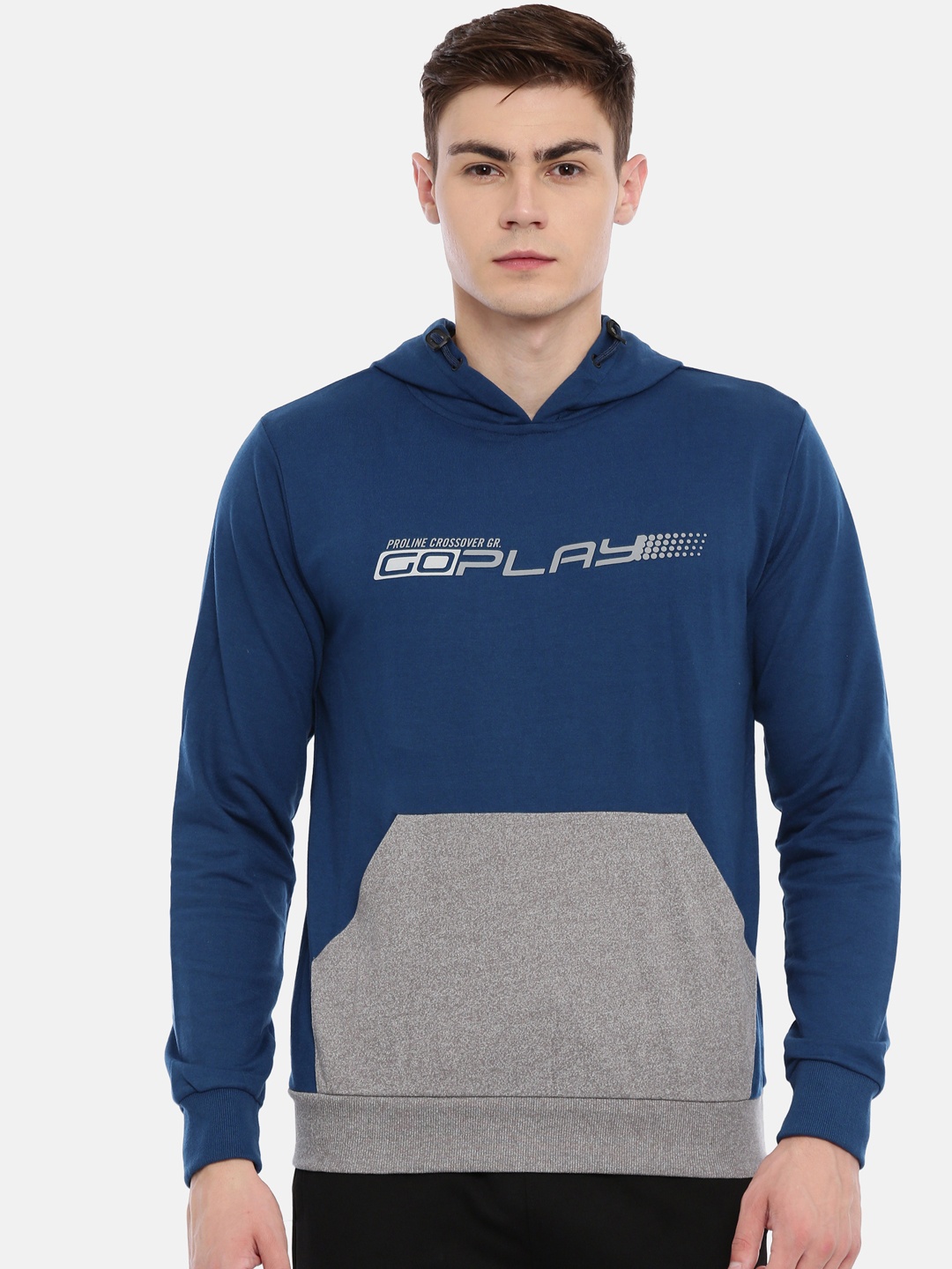 

Proline Active Men Blue & Grey Melange Colourblocked Hooded Sweatshirt