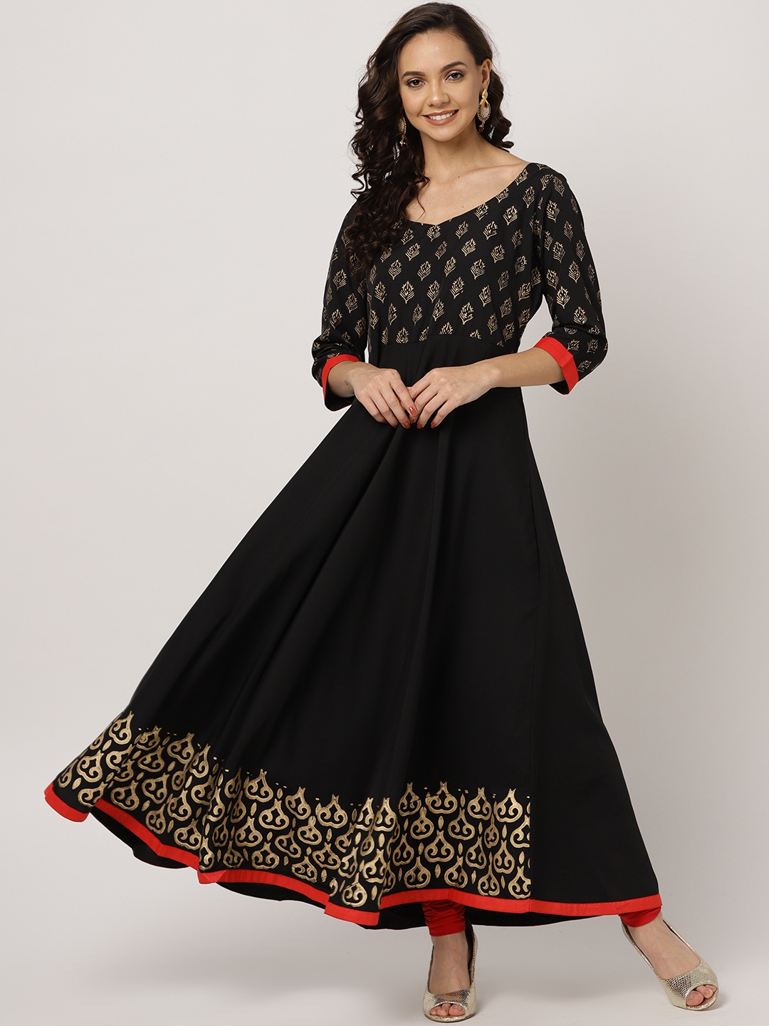 

MBE Women Black & Golden Block Print Detail Anarkali Kurta