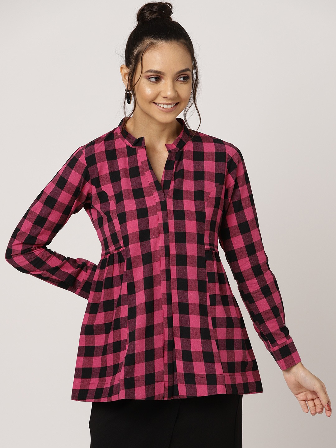 

MBE Women Pink & Black Checked Pure Cotton A-Line Kurti