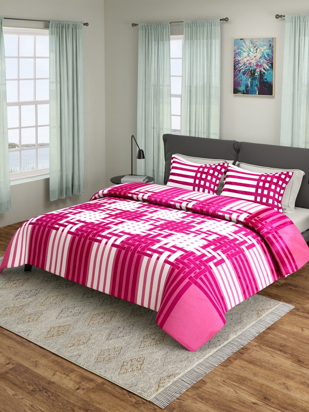 

ROMEE Pink & White Striped 180-249 TC Bed Cover With Pillow Covers