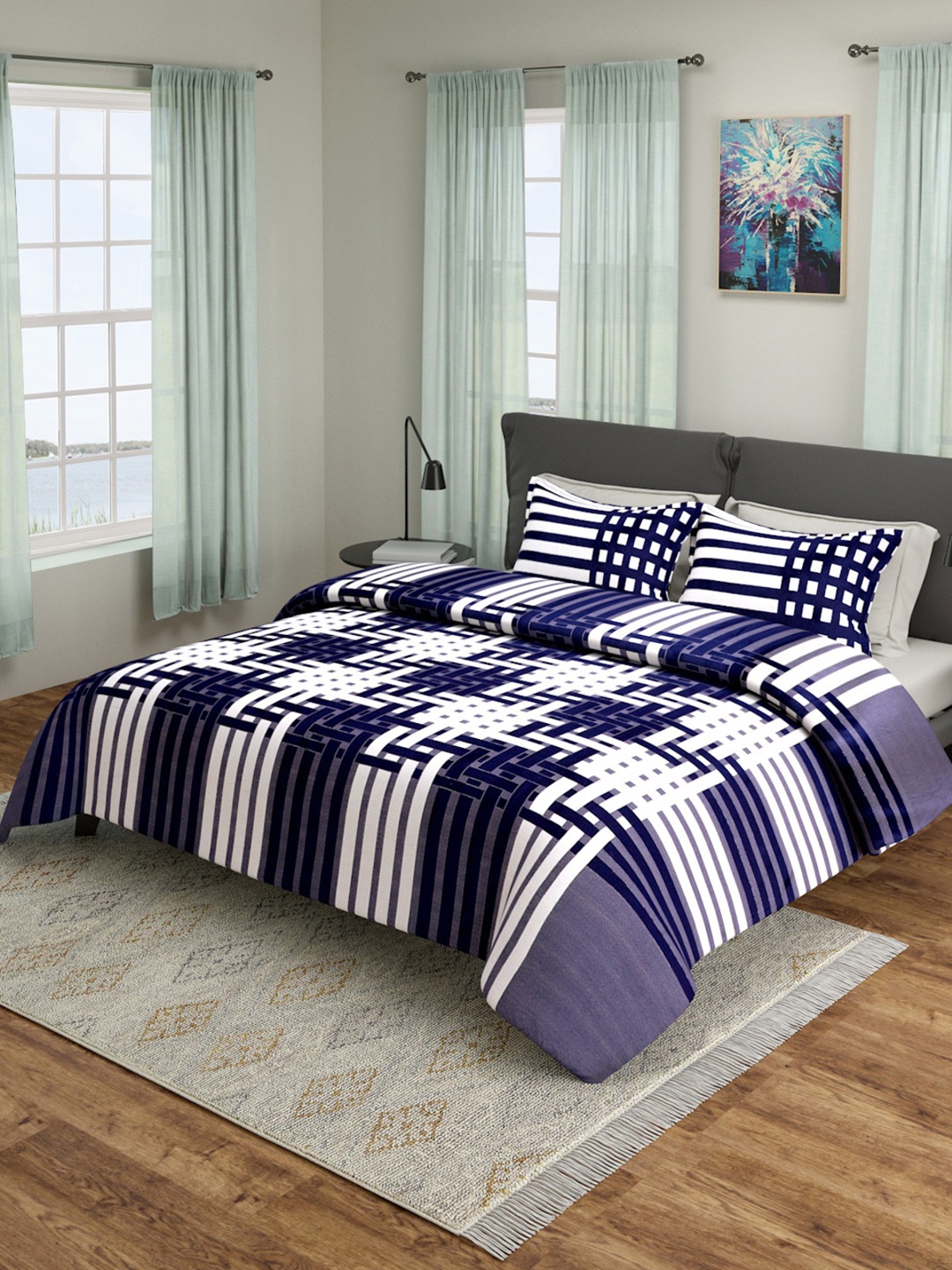 

ROMEE Navy Blue & White Striped 180-249 TC Bed Cover With Pillow Covers
