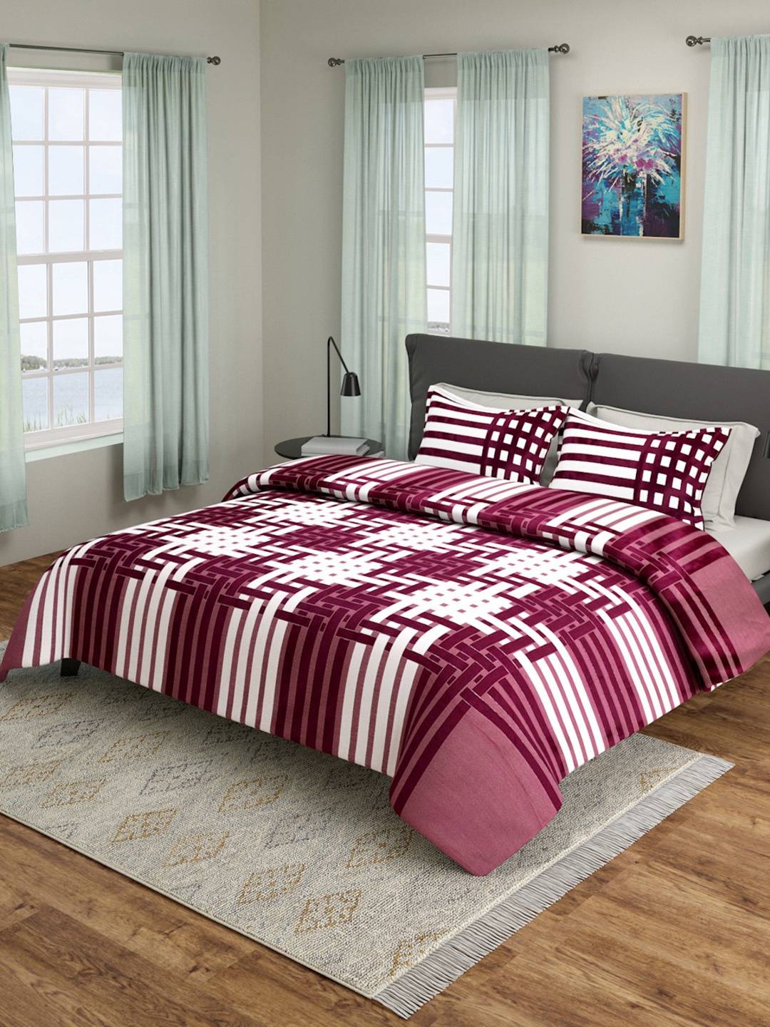 

ROMEE Maroon & White Striped 180-249 TC Bed Cover With Pillow Covers