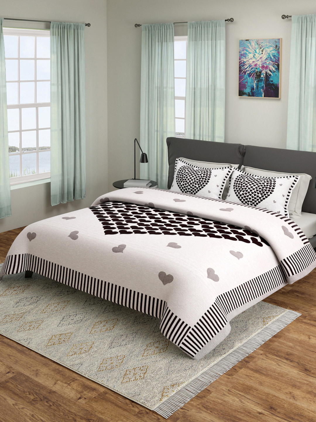 

ROMEE Beige & Black Printed 180-249 TC Bed Cover With Pillow Covers