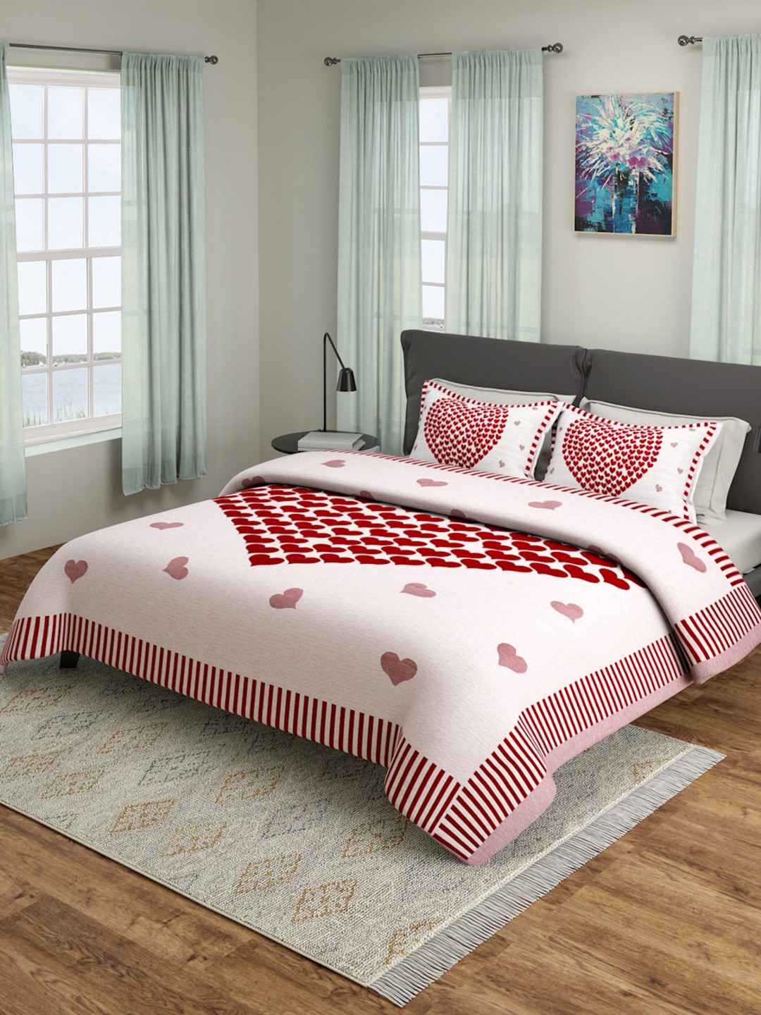 

ROMEE Beige & Red Printed 180-249 TC Bed Cover With Pillow Covers