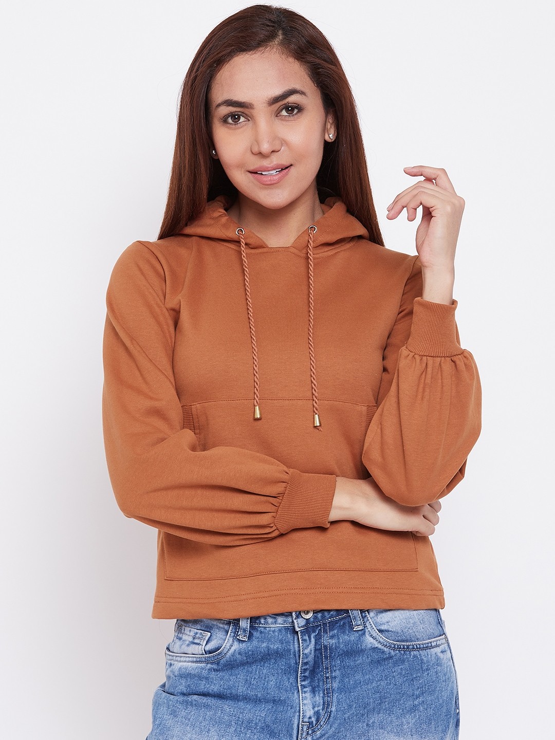 

Alsace Lorraine Paris Women Rust Orange Solid Hooded Sweatshirt