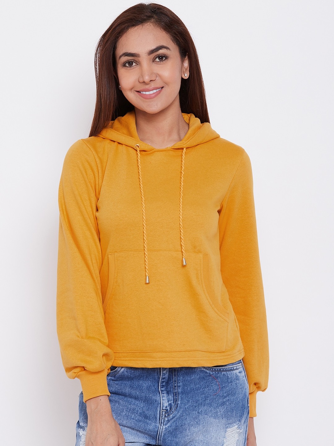 

Alsace Lorraine Paris Women Mustard Yellow Solid Hooded Sweatshirt
