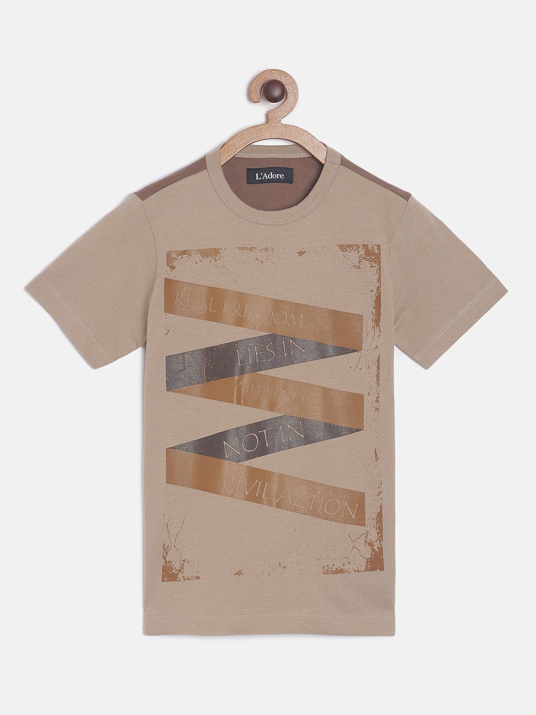 

LAdore Boys Brown Printed Round Neck Pure Cotton T-shirt
