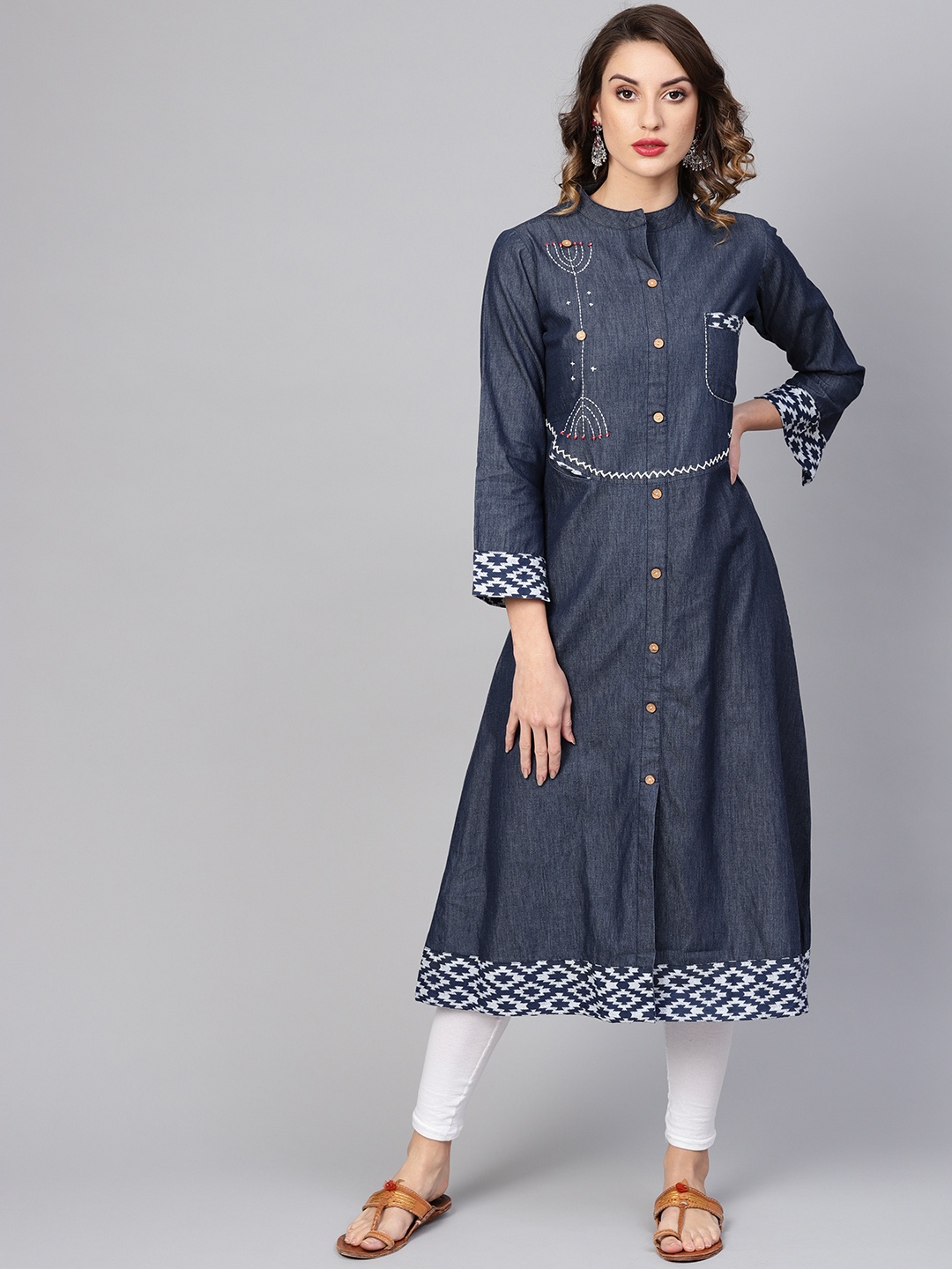 

YASH GALLERY Women Navy Blue Embroidered Denim A-Line Kurta