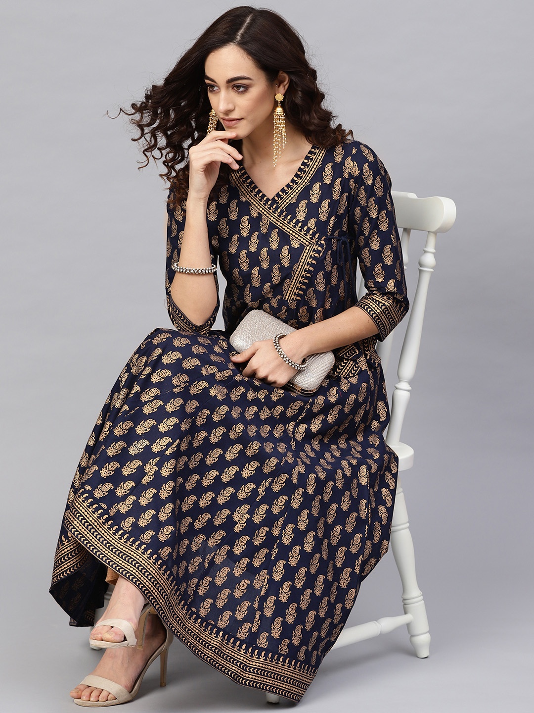 

YASH GALLERY Women Navy Blue & Golden Printed Anarkali Kurta