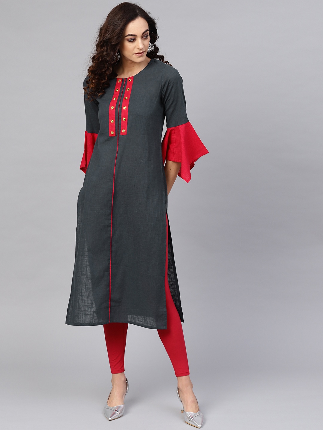 YASH GALLERY Women Charcoal Grey Solid Straight Kurta
